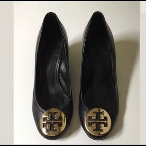 Tory Burch leather black wedge shoes